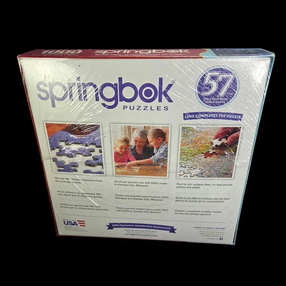 Springbok Moonlit Night 1000 Piece Puzzle 24 x 30 Dogs Cabin Lake Mountains New‎